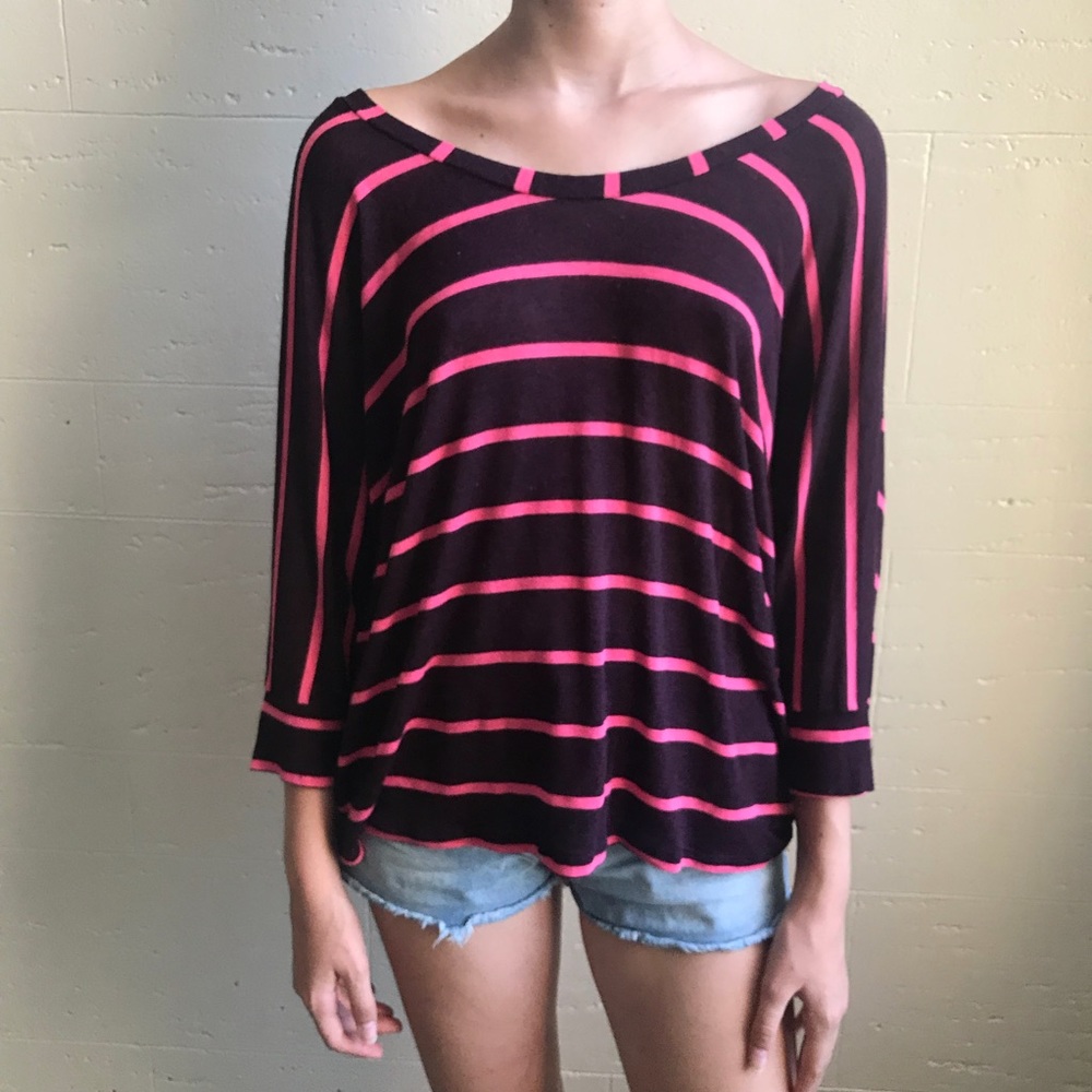 Splendid Maroon Pink Striped Drapey Dolman Top L